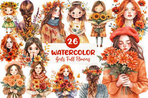 Girls with Fall Flowers Clipart, an Illustration by CreationArt
