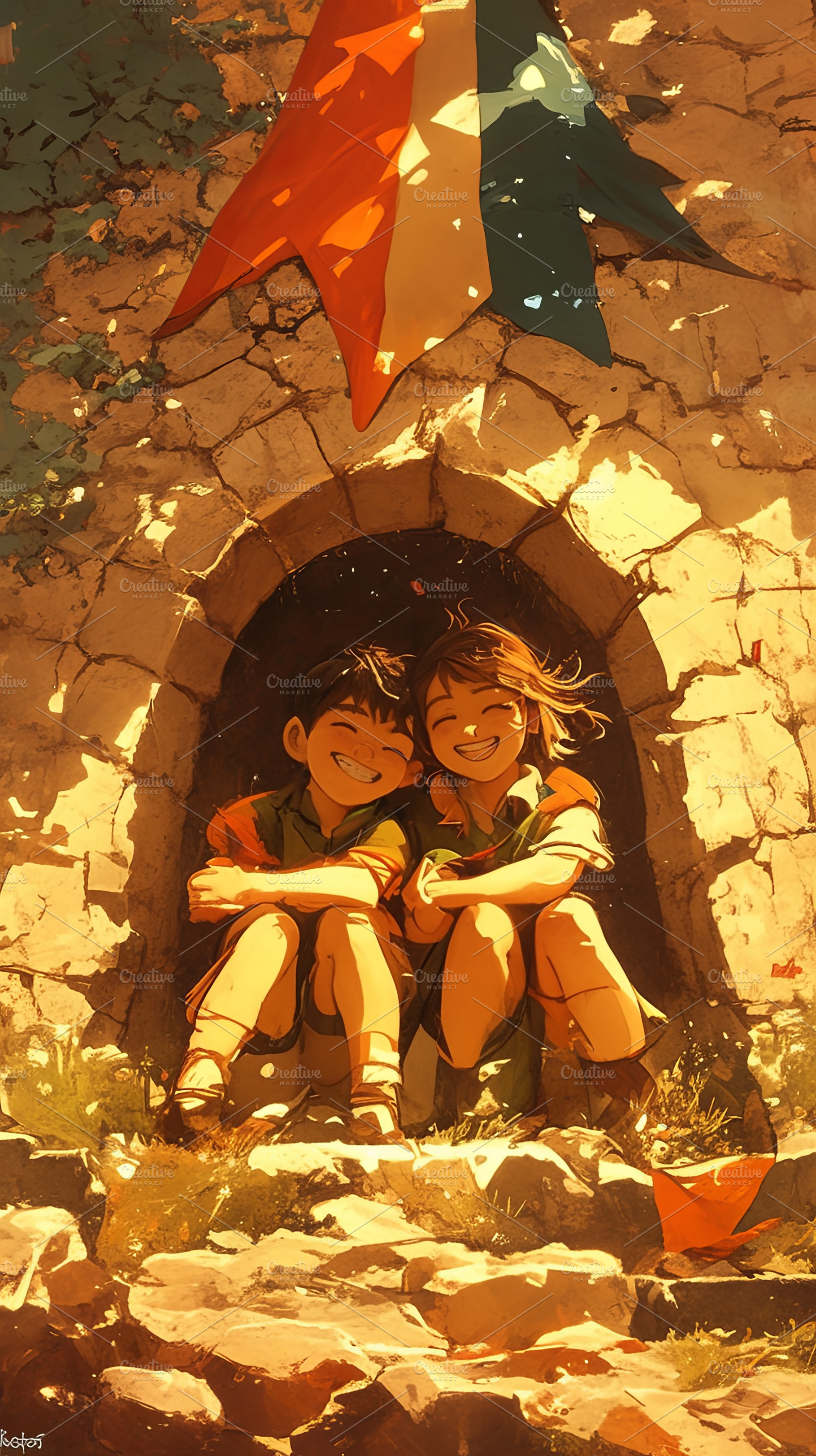 Two children sitting by an old stone archway smiling in warm sunlight, a Photo by AS photostudio