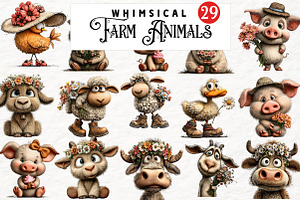 Whimsical Quirky Farm Animals png, an Animal Illustration by Watercolor design