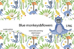 Blue monkeys - watercolor patterns