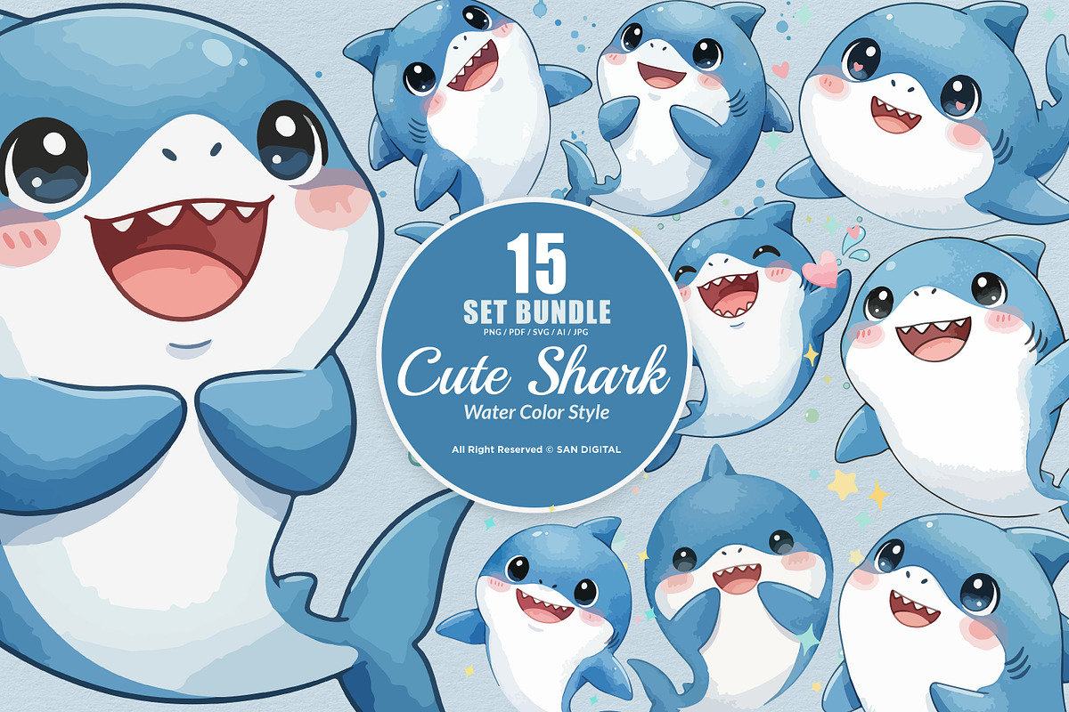 15 Bundle Watercolor Cute Shark Sea, an Animal Illustration by Morspective (Photo 1 of 8)