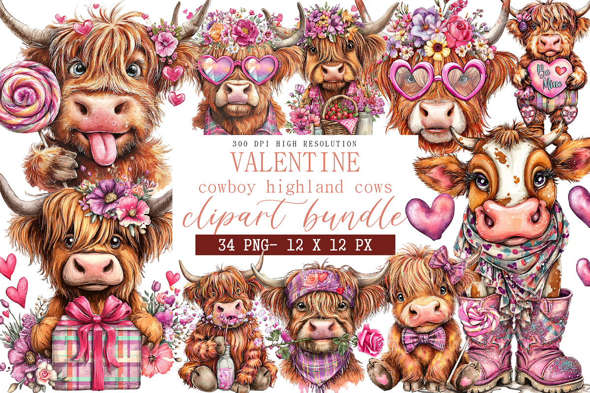 Valentine cowboy highland cows, an Illustration by DreamArtGraphic (Photo 1 of 4)