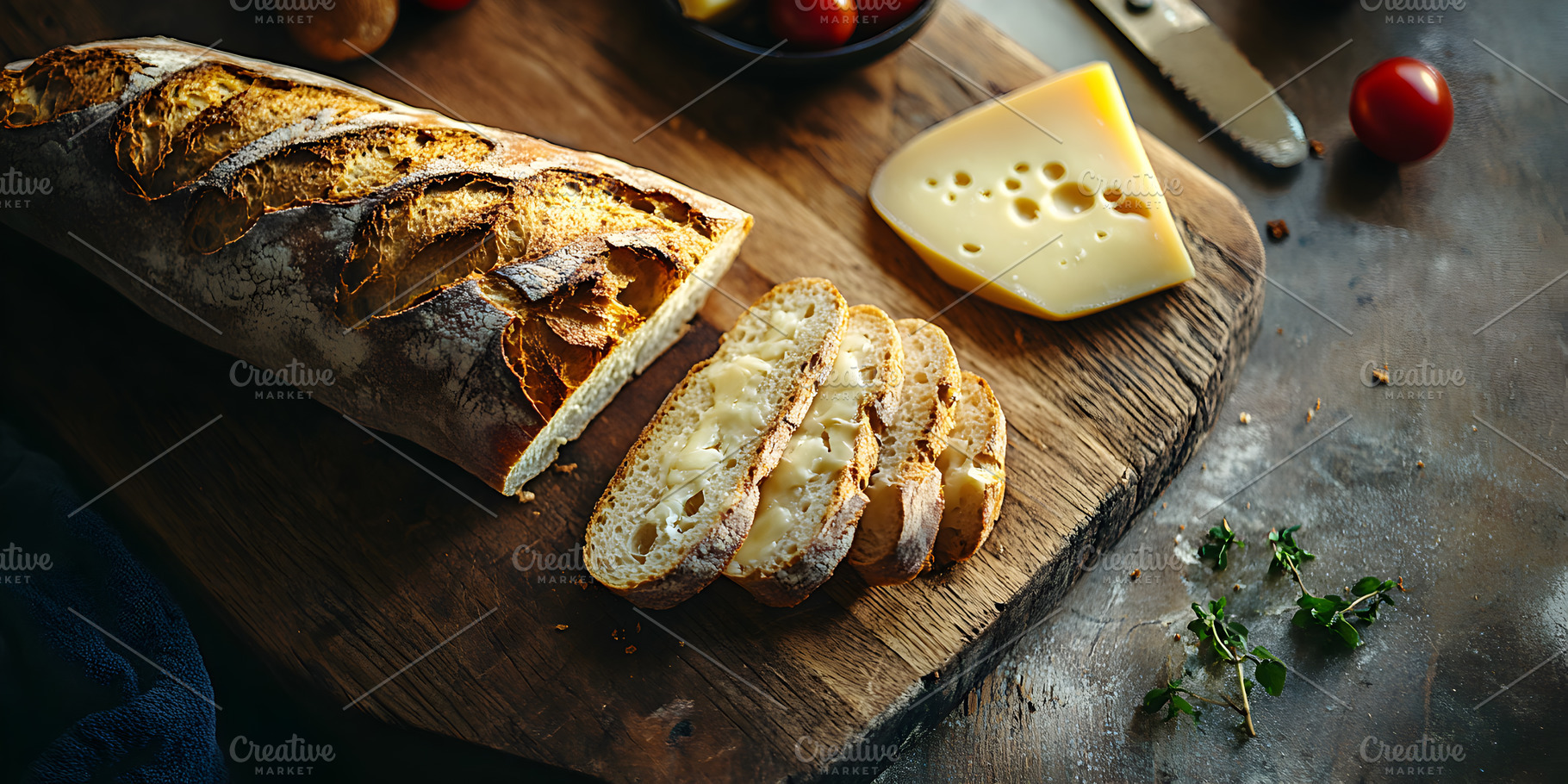 Sliced rustic bread with melted cheese, a Food & Drink Photo by Photostock