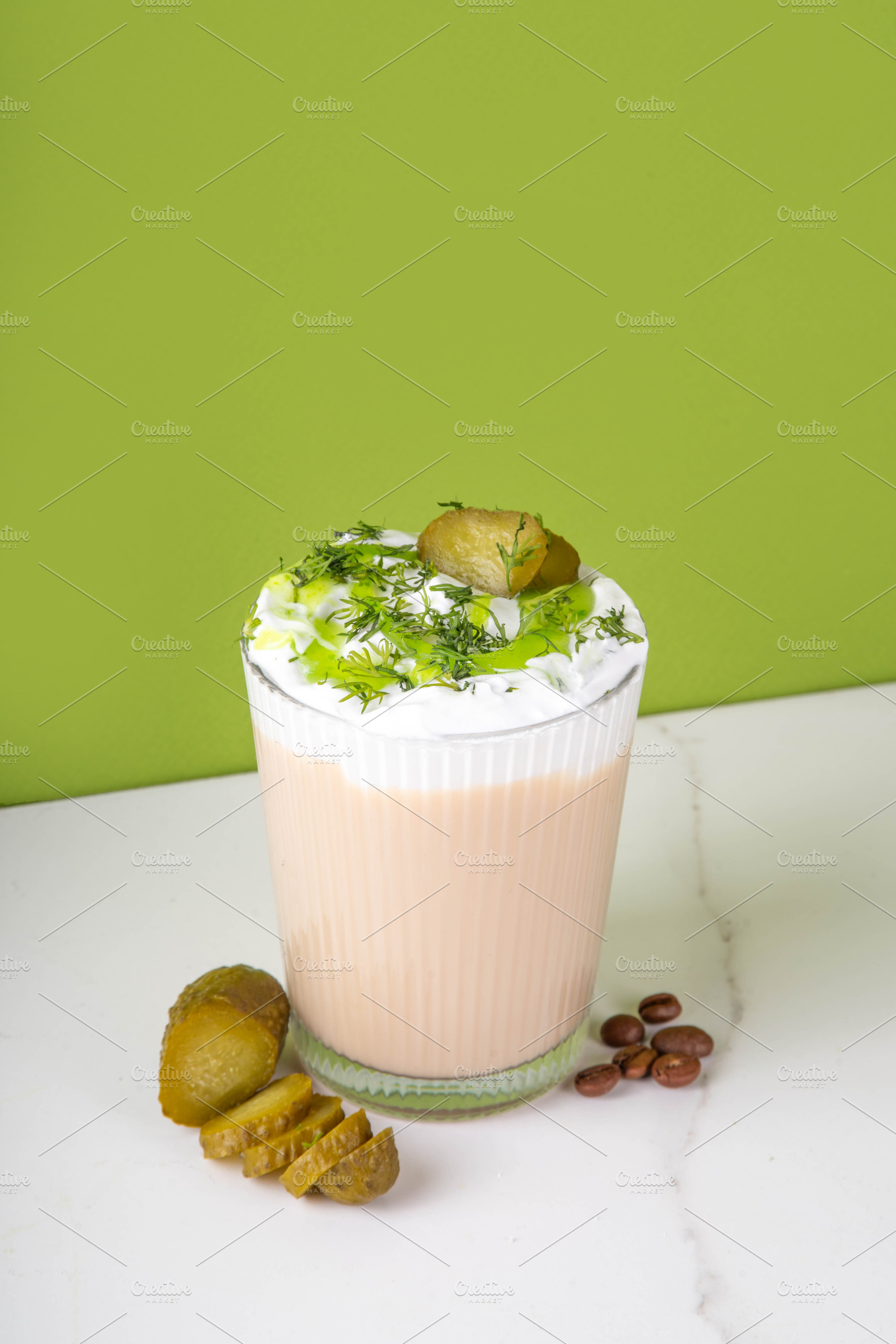 Iced latte with pickles picklatte macchiato, a Food & Drink Photo by Rimma