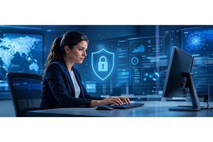 Woman typing on a keyboard with data, a Business Photo by ZinetroN