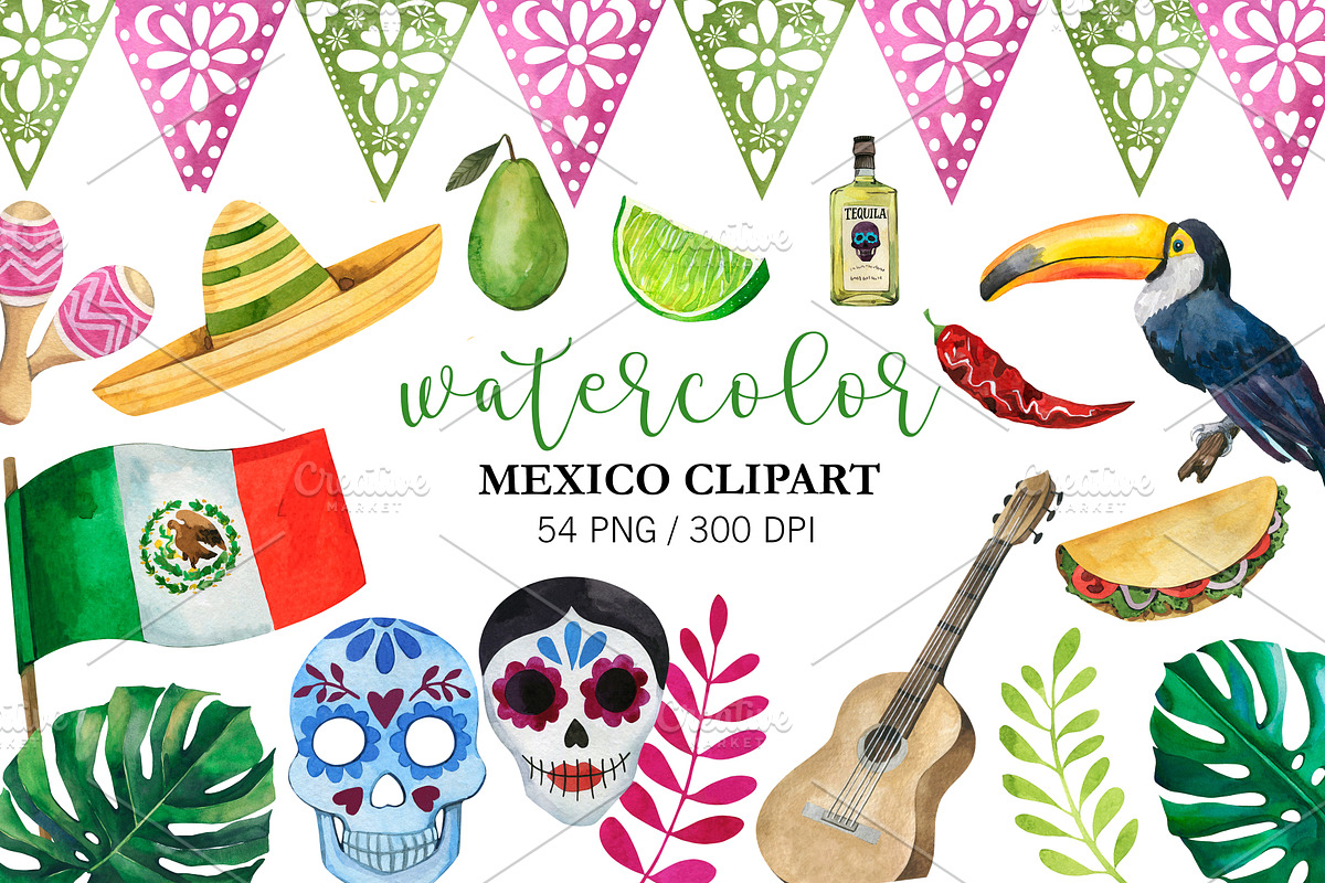 Watercolor Mexican Party Clipart PNG, an Object Illustration by PatternPalette (Photo 2 of 3)