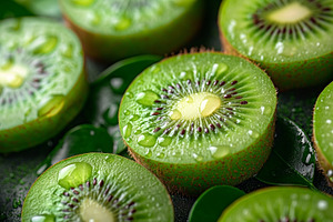 Close-up of vibrant green kiwi slices with water droplets, showc, a Food & Drink Photo by ImageMir