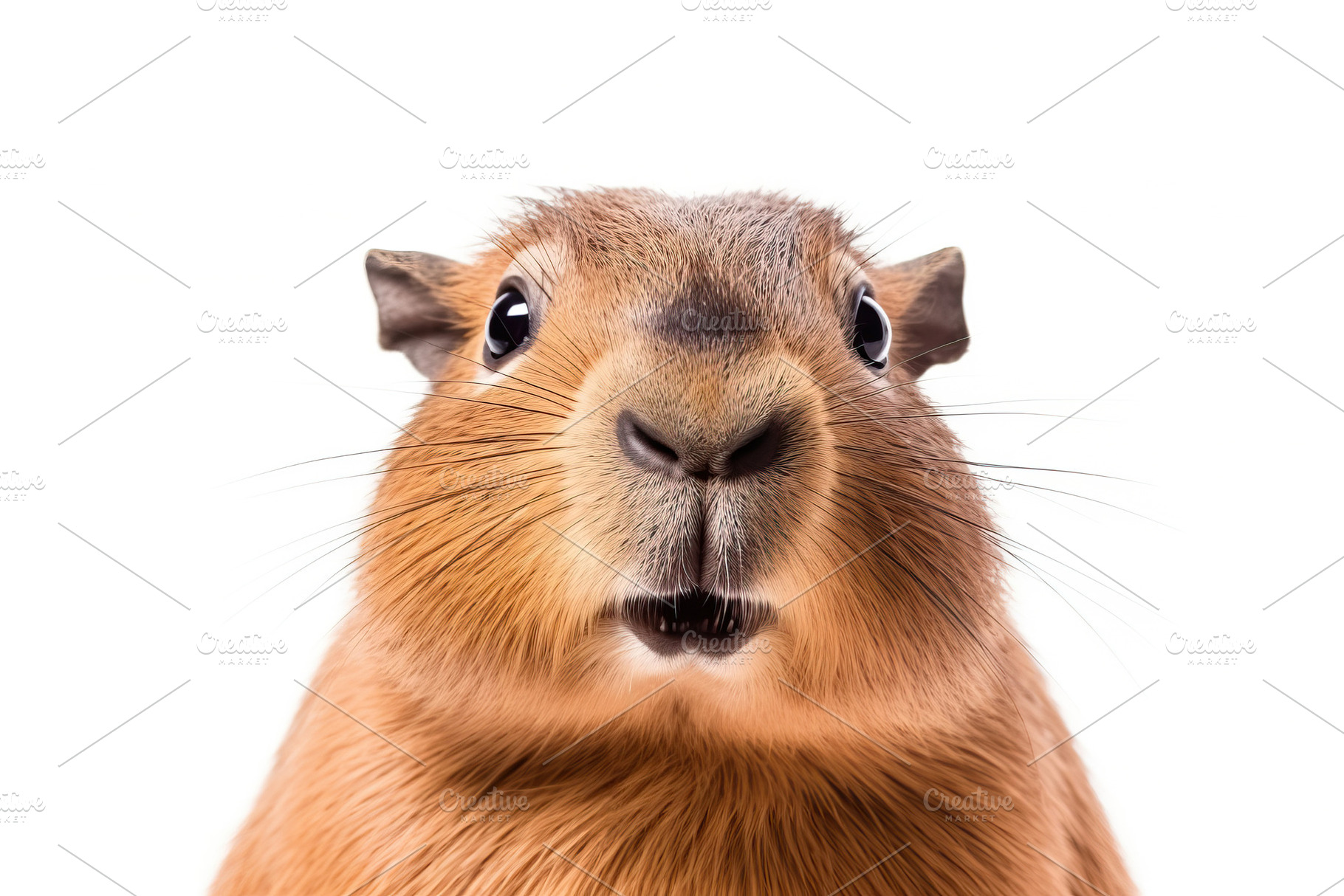 Cute brown capybara animal looking at camera isolated on white b, a Photo by Dvoevnore photos