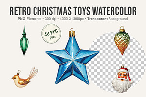 Retro Christmas Toys Watercolor PNG, an Illustration by Artnoy