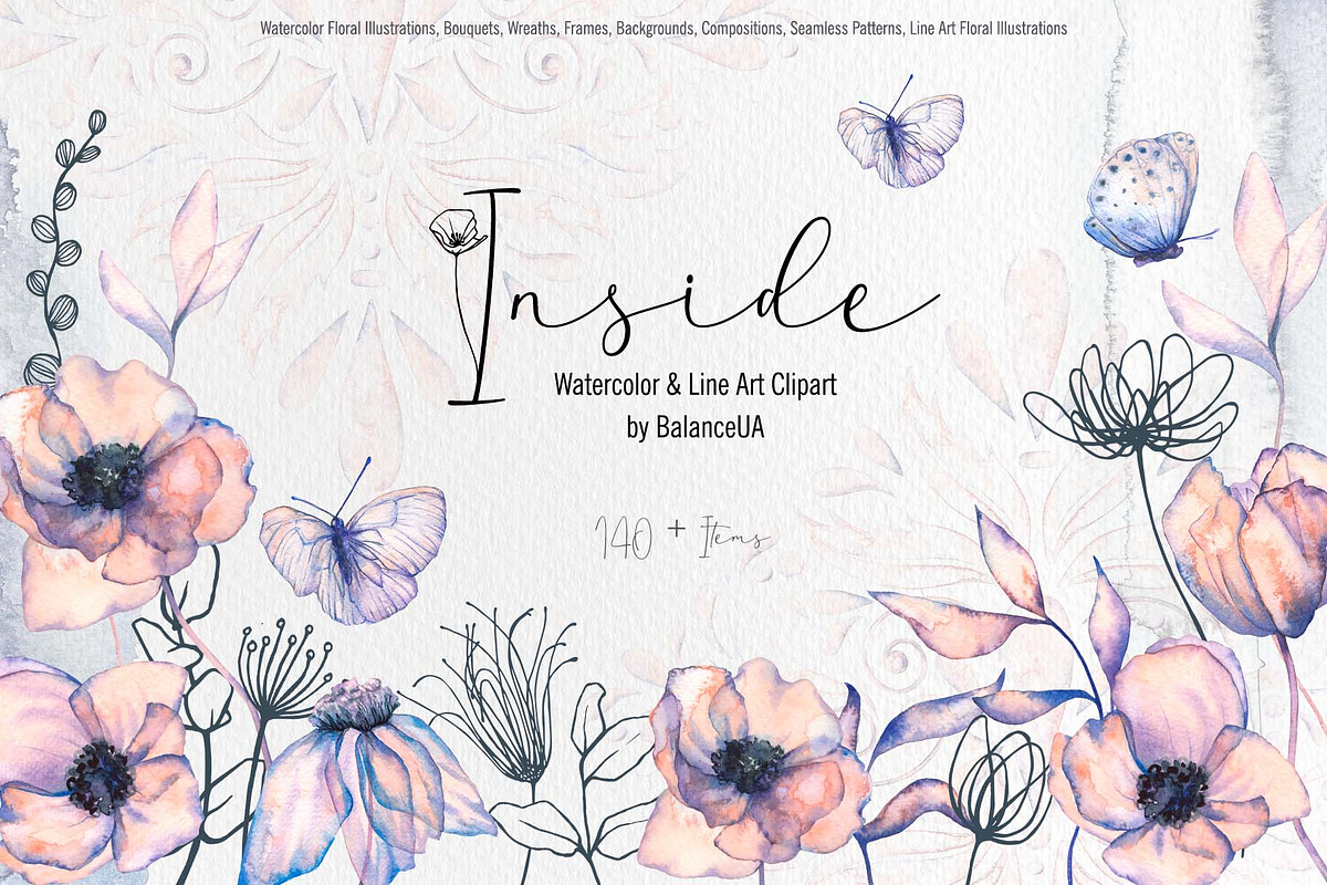 Inside Watercolor Floral Clipart, a Decorative Illustration by BalanceUA (Photo 1 of 19)