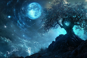 Blue moon and lonely tree landscape, a Nature Photo by MistyDay