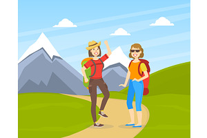 Two Women Hiking on Nature, a Sport Illustration by TopVectors