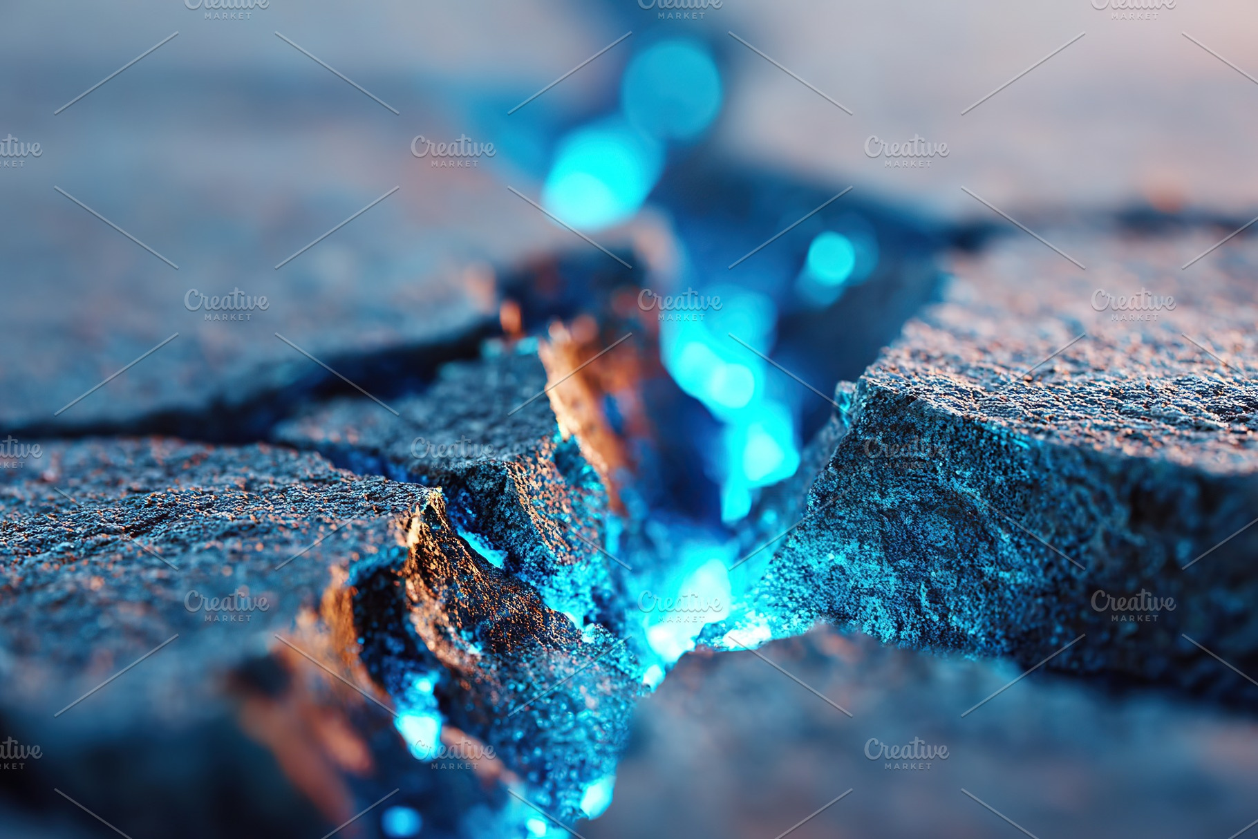 Blue light shining through a crack in the stone surface during twilight, a Photo by AlyaAnd
