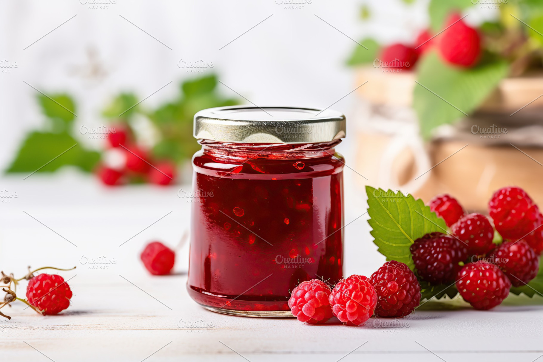Raspberry jam and berries on wooden table, a Food & Drink Photo by AlyaAnd