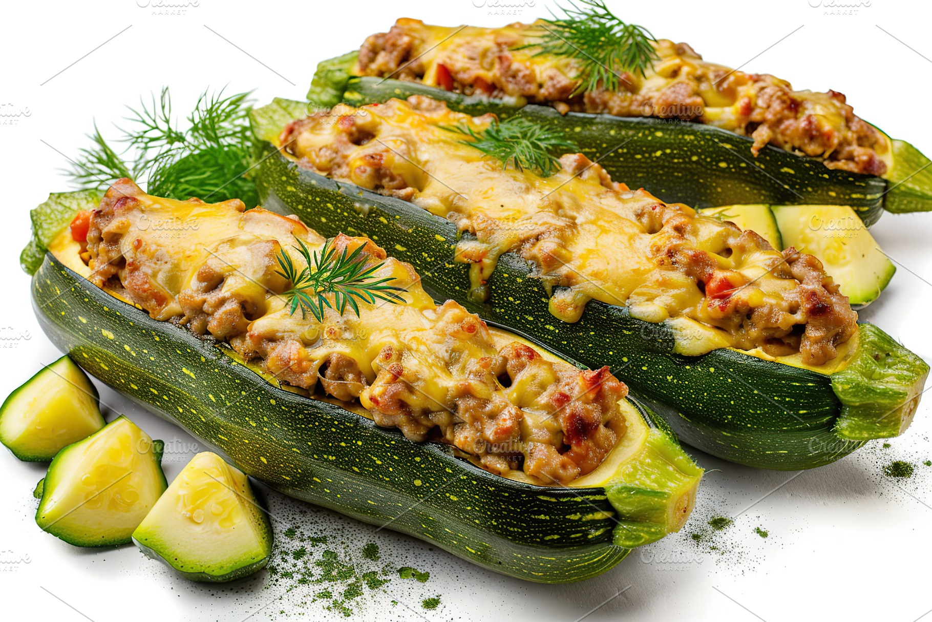 Zucchini stuffed with cheese and meat on white background, a Food & Drink Photo by AlyaAnd
