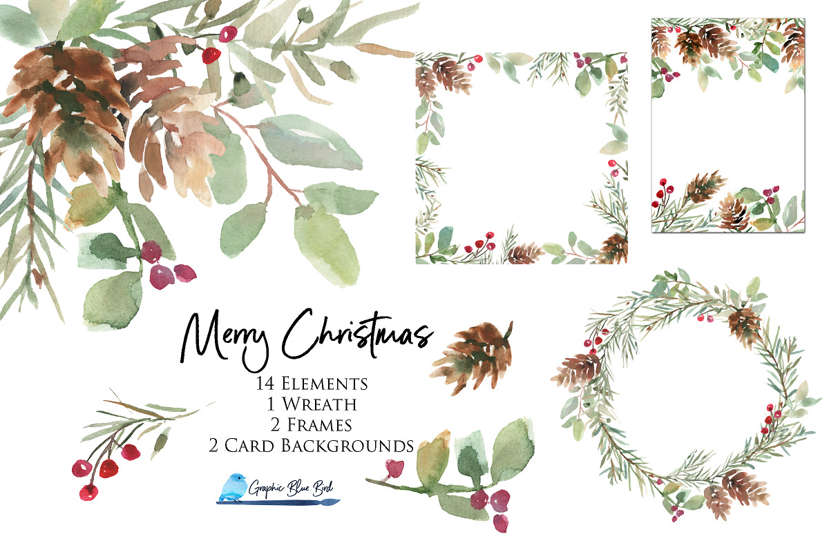 Christmas Watercolor Greenery, an Illustration by Graphic Blue Bird (Photo 1 of 5)