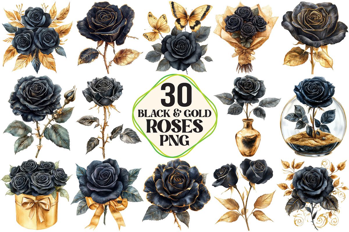 Black and Gold Rose Clipart, an Illustration by Pixels.Craft (Photo 1 of 7)