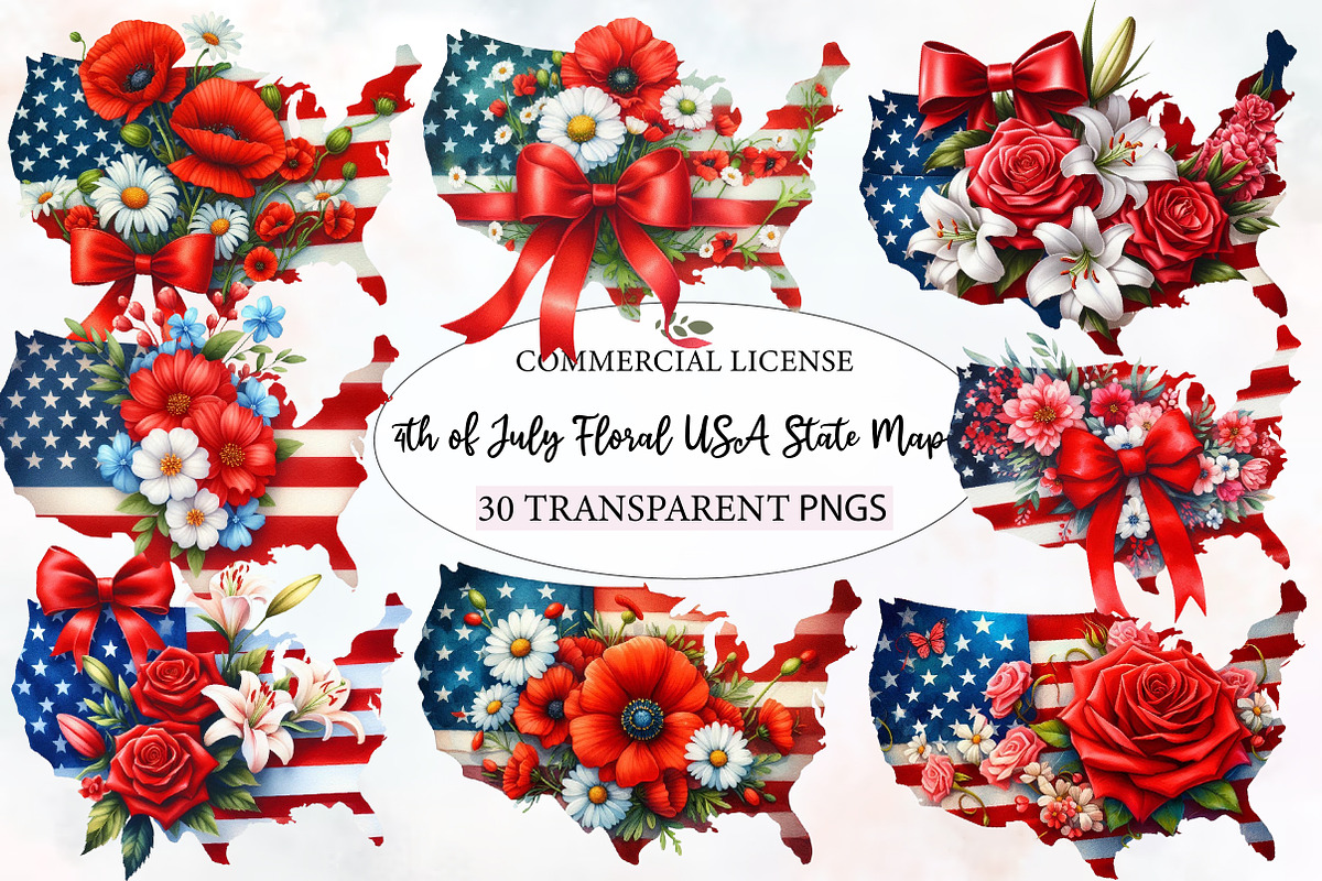 4th of July Floral USA State Map, an Illustration by Designworld (Photo 1 of 4)