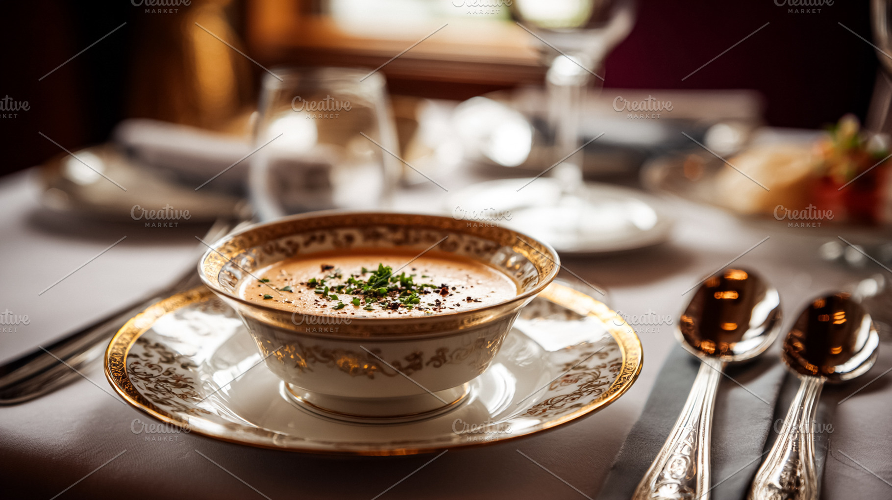 Creamy bisque or soup garnished with herbs, presented as a start, a Food & Drink Photo by Studio ANNA