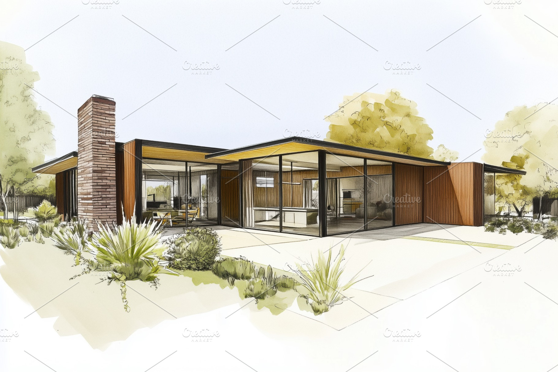 A modern architectural sketch of a single-story Midcentury Modern house style f, an Architecture Photo by Textures & Backgrounds