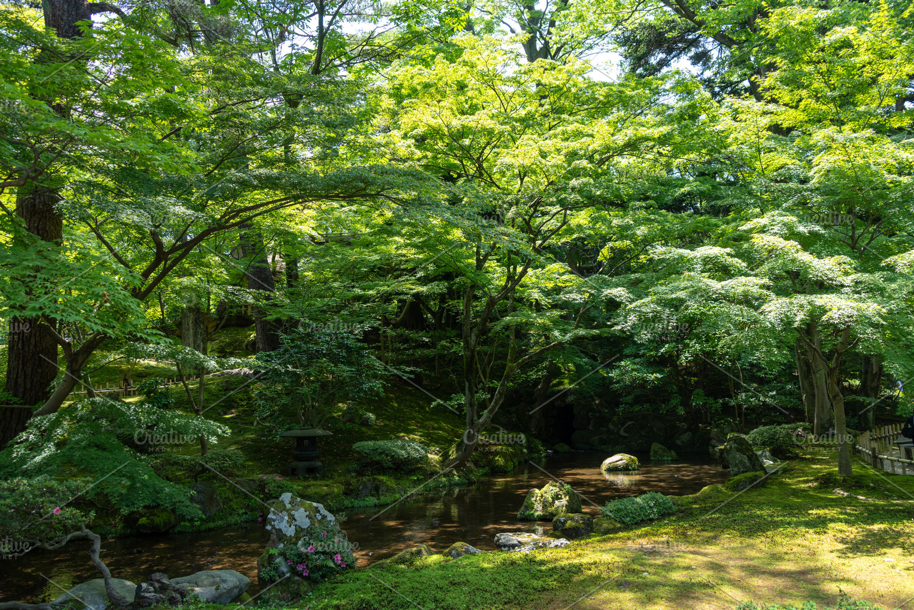 River and forest serenity in Kenroku-en Garden, Kanazawa, Japan, a Nature Photo by GoodGoods