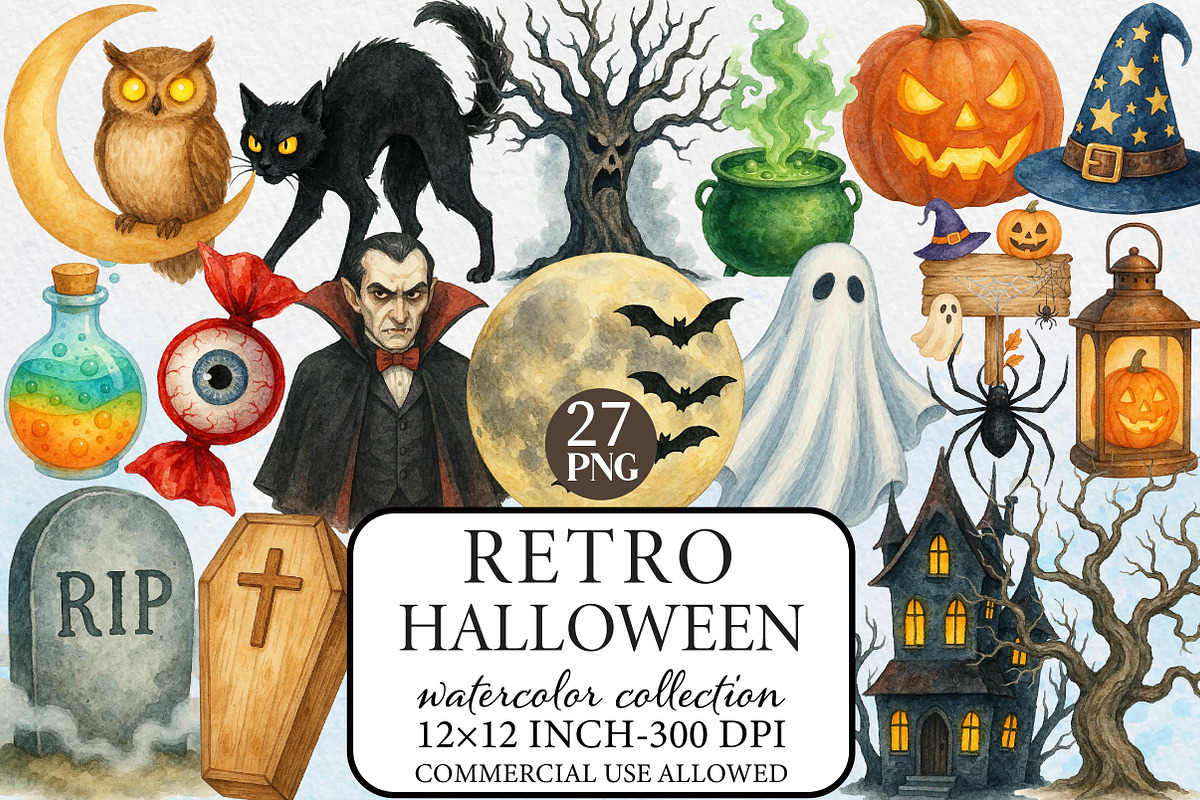 Retro Halloween Clipart Bundle, an Illustration by Libby Wishes (Photo 1 of 9)