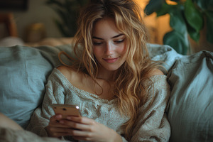 Young woman relaxing on a couch whil, a Photo by Tanuart