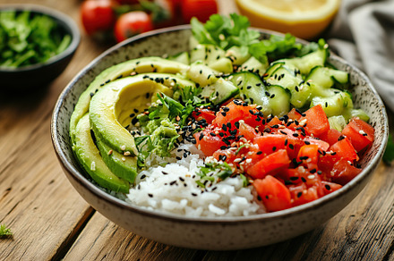 Healthy poke bowl with rice, vegetables, fresh meat or fish, a Food & Drink Photo by AlyaAnd