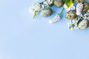 Happy Easter! Easter eggs with cherry blossom flat lay on blue b, a Holiday Photo by Sonjachni