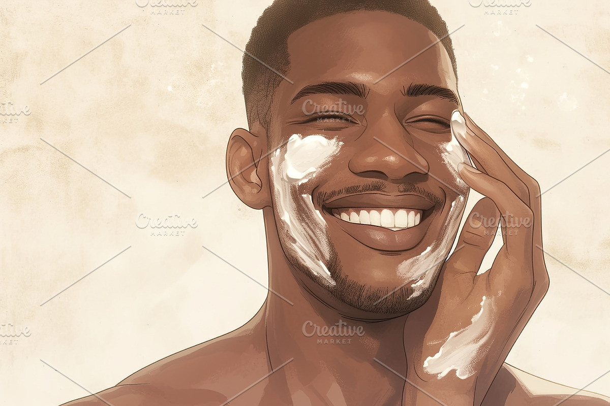 Smiling young man applying skincare product indoors with natural light, an Illustration by AS photostudio