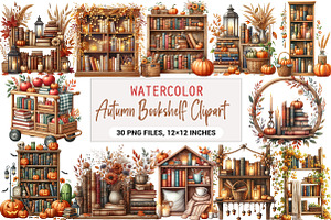 Watercolor Autumn Bookshelf Clipart, a Seasonal Illustration by DreamArtGraphic