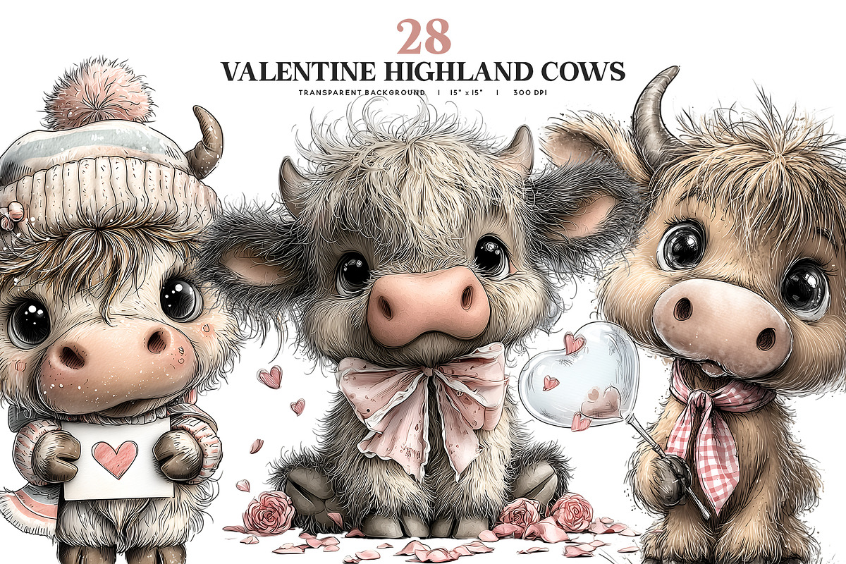 Valentine Highland Cow Clipart, an Animal Illustration by Bijou Bay (Photo 1 of 3)