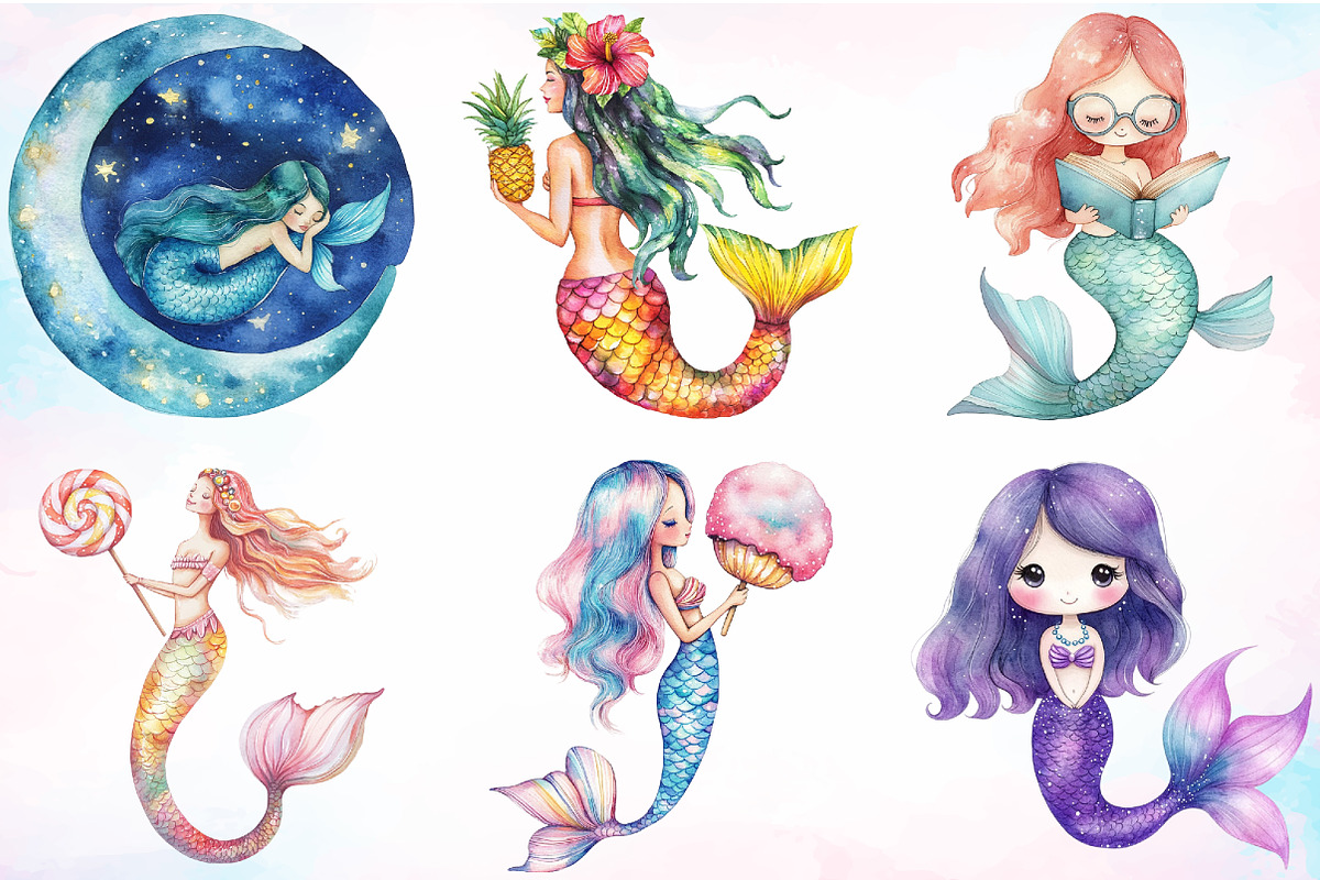 Watercolor Cute Mermaid Clipart PNG, an Illustration by Canvas Craft (Photo 2 of 3)