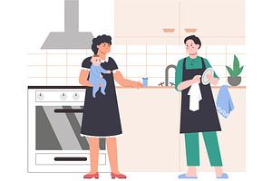 Young family on kitchen. Woman, a Food Illustration by LadadikArt