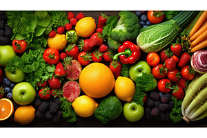 fresh healthy food background ai, a Food & Drink Photo by pikepicture