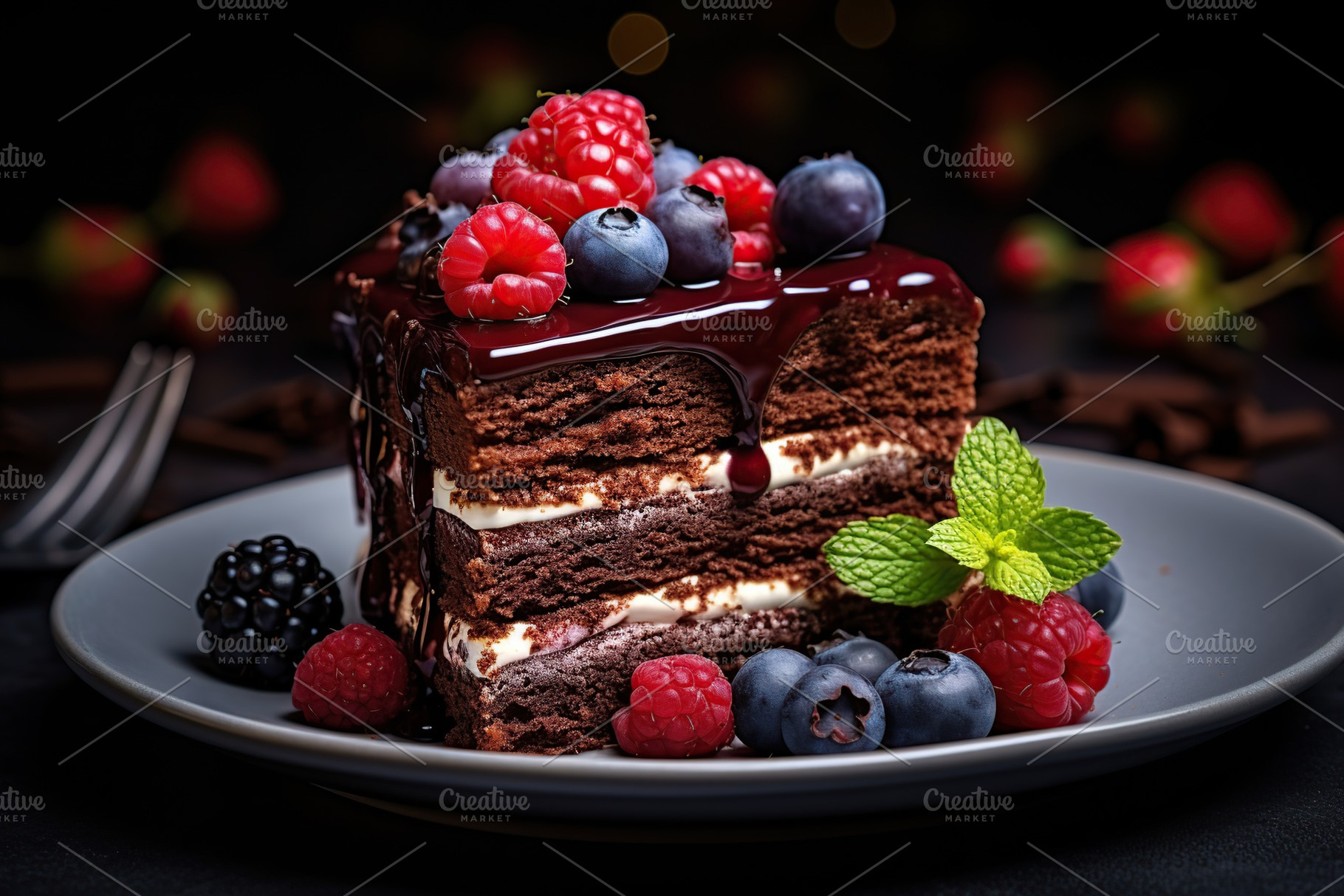 Piece of chocolate cake with fresh berries on brown wooden table, a Food & Drink Photo by AlyaAnd