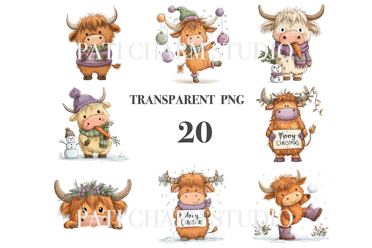 20 Christmas Highland Cow Clipart, an Animal Illustration by Pati Charm Studio (Photo 3 of 8)