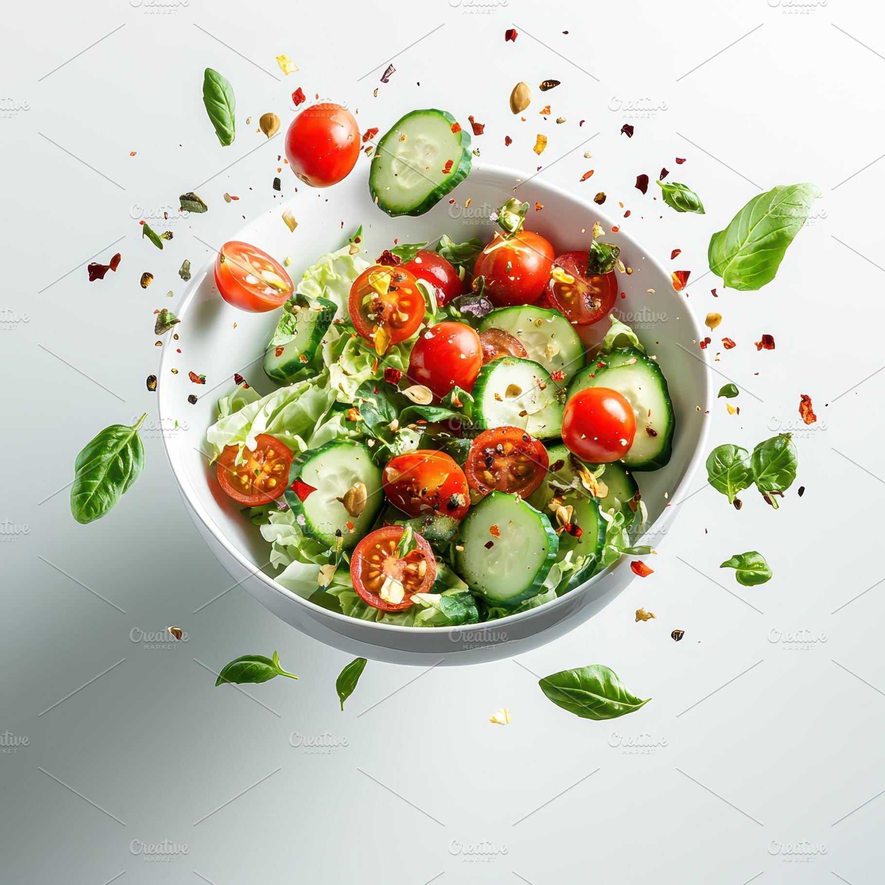 Fresh salad bowl with tomatoes cucum, a Food & Drink Photo by Pixeness Studio