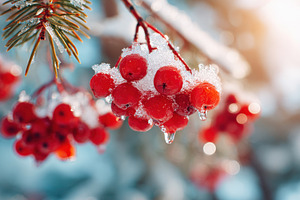 Frosty red berries on pine branch, a Nature Photo by AlyaAnd