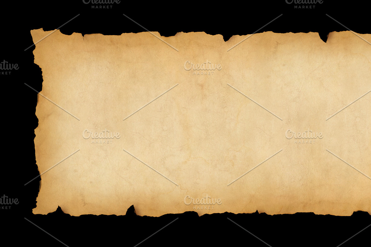 Old paper horizontal banner. Parchment scroll isolated on black, a Texture Graphic by GoodGoods