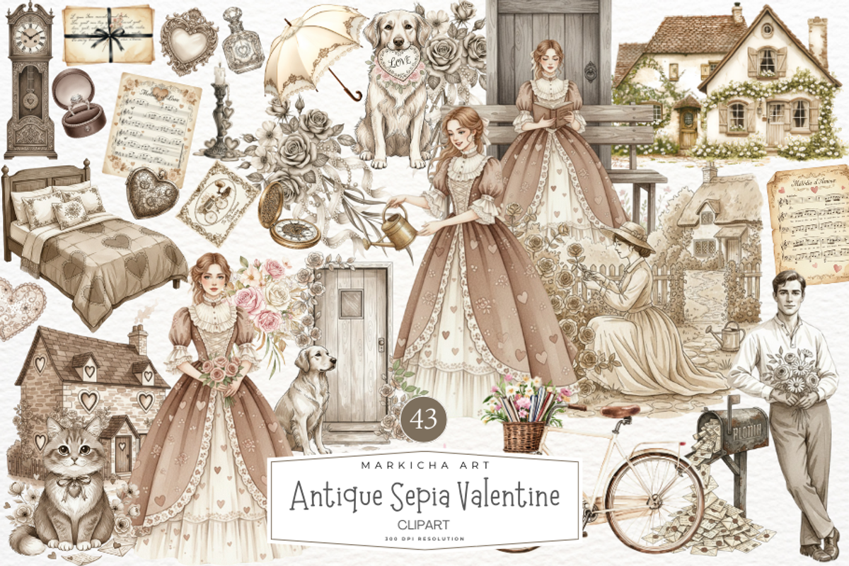 Antique Sepia Valentine Day Clipart, an Illustration by Markicha Art (Photo 1 of 5)