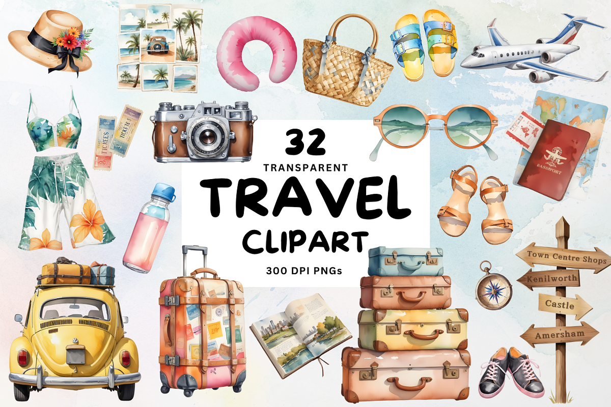 Watercolor Travel Clipart, a Decorative Illustration by Coralcreations (Photo 1 of 5)