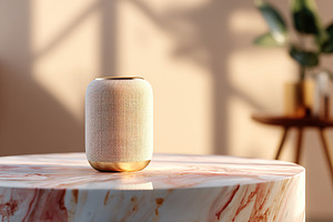 Speaker placed on a polished marble island in a bright room with warm lighting, a Photo by AlyaAnd