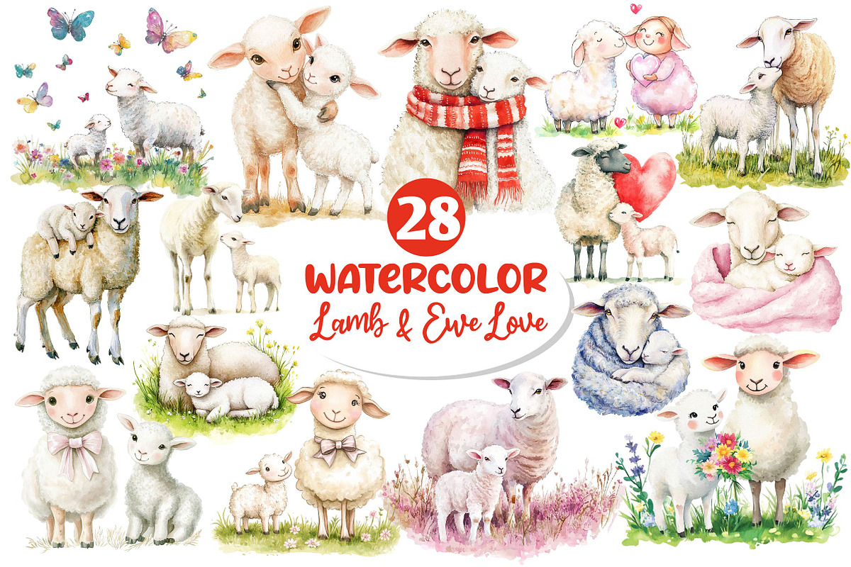 Watercolor Lamb & Ewe Love Clipart, an Illustration by Dream Creation (Photo 1 of 6)