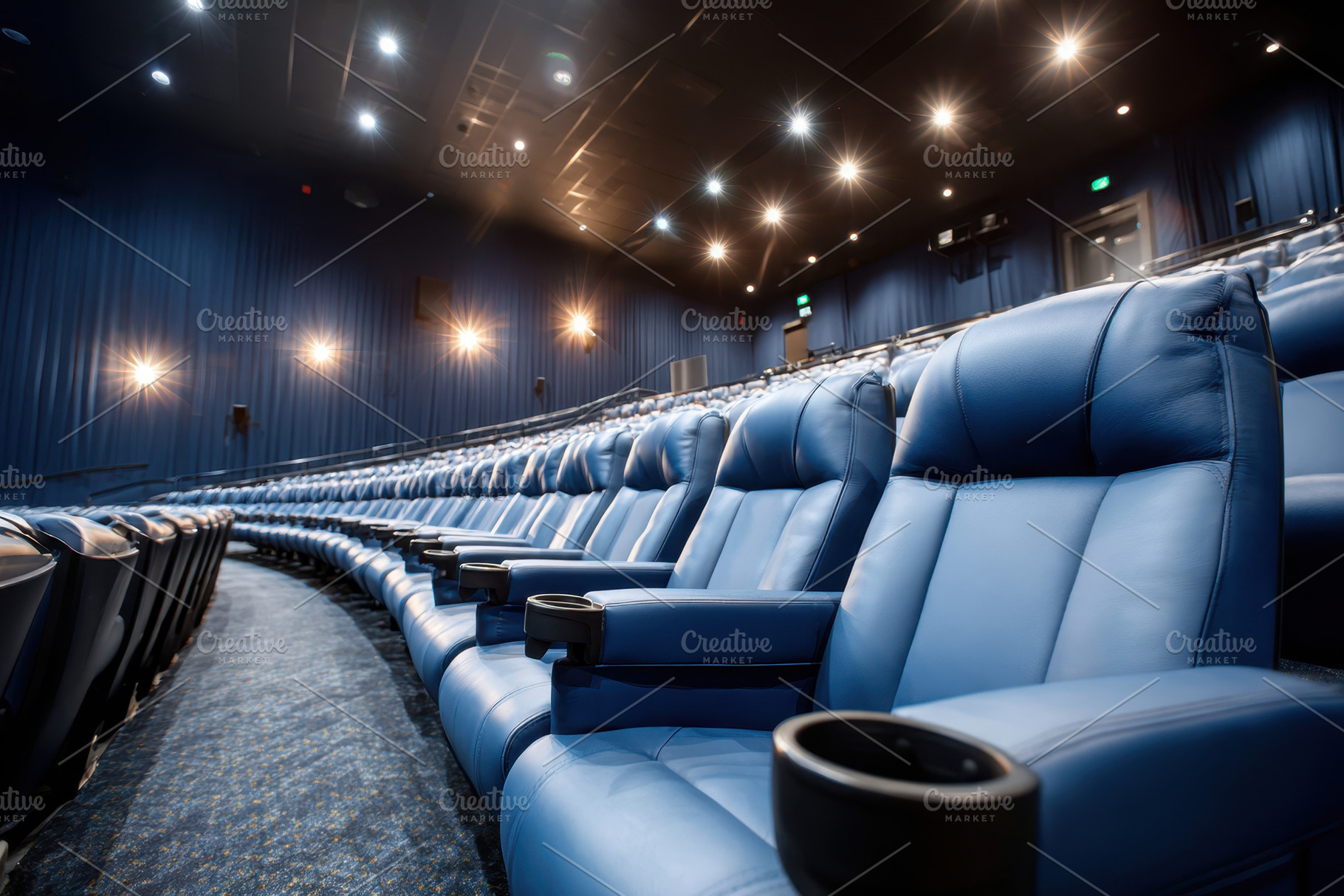 Modern cinema theater with blue leather seats, an Arts & Entertainment Photo by AlyaAnd