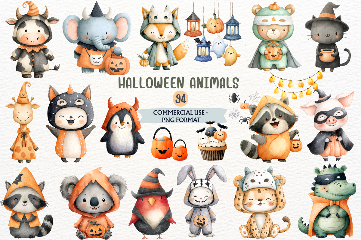 Watercolor Halloween Animals Clipart, an Animal Illustration by SugarCloudStudioArt (Photo 1 of 5)