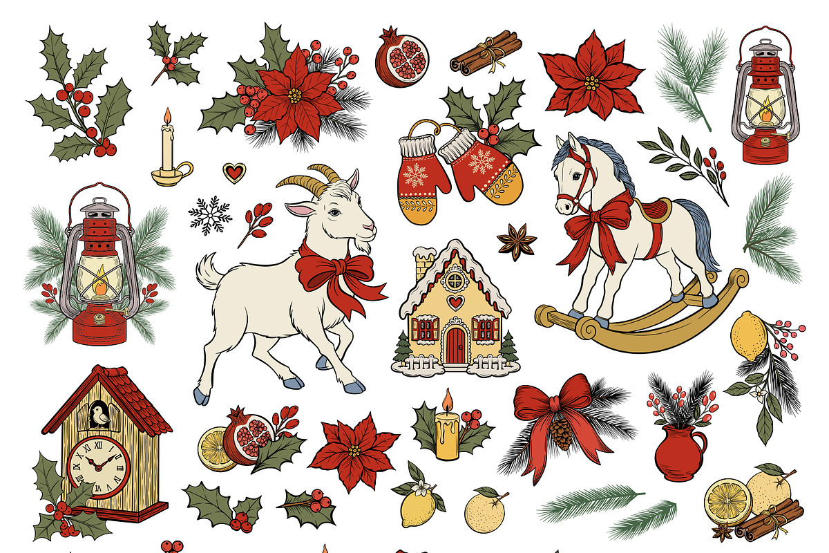 Retro Christmas Clipart Vector Set, an Animal Illustration by ilonitta (Photo 4 of 12)