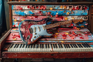 Vintage Guitar on Colorful Piano Adorned With Stars, a Photo by AS photostudio