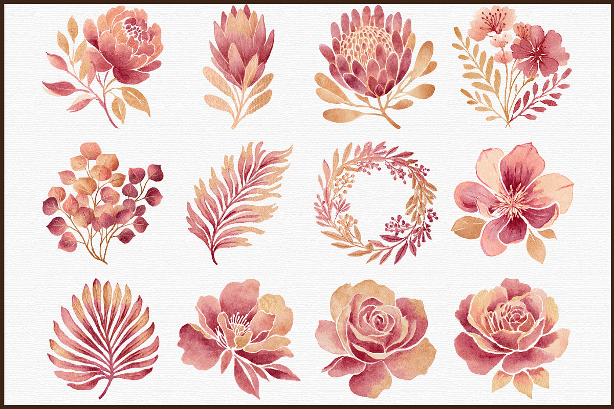 Rose Gold Leaves Flowers Foil Elemen, an Illustration by Sublimation Artist (Photo 3 of 7)
