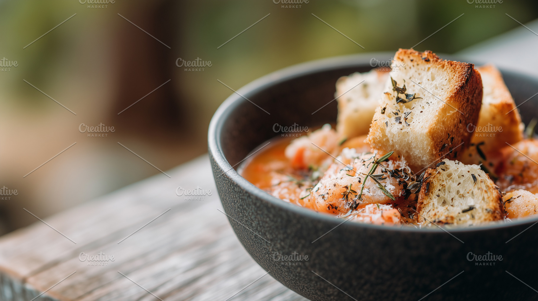 Hearty vegetable stew with croutons, a Food & Drink Photo by MistyDay